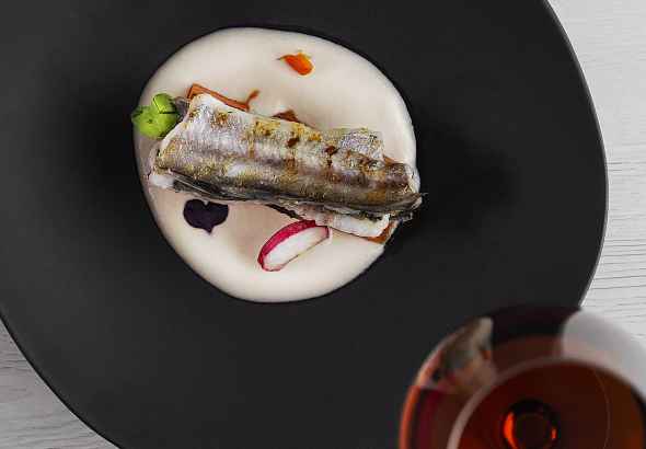 Chilled almond soup with frightened sardine  fillets and caramelised pumpkin